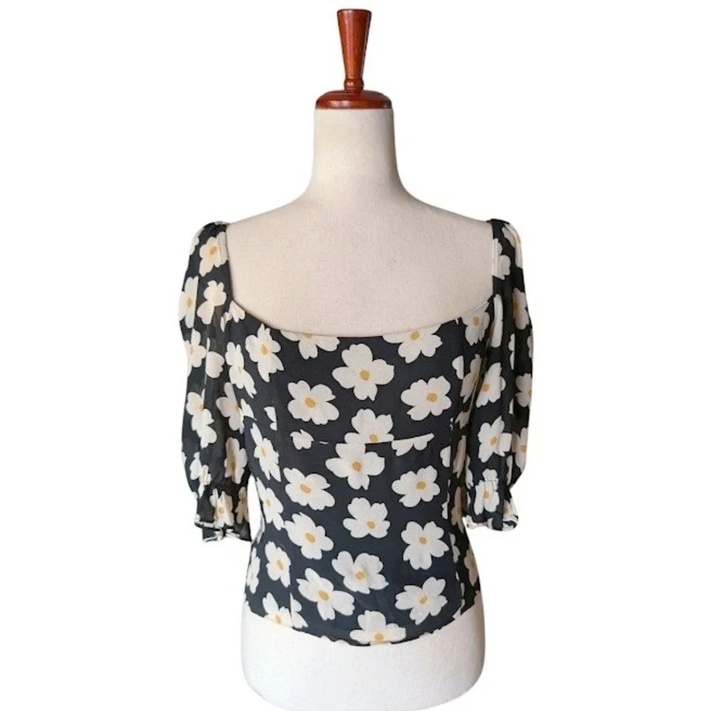 Reformation Georgia Daisy Print Smocked‎ Puff Sleeve Square Neck Blouse Size 10